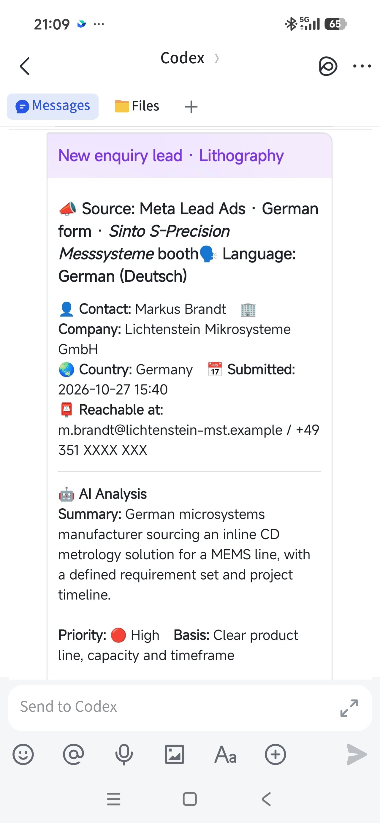 Case study: a new lithography enquiry from a Meta ad form, shown as a Feishu card with source, contact, AI analysis and priority